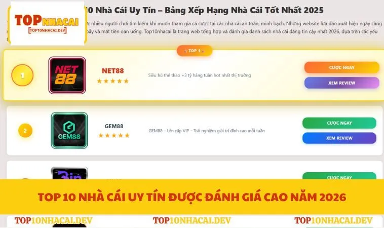 Danh sách top 10 nhà cái uy tín được đánh giá cao năm 2026